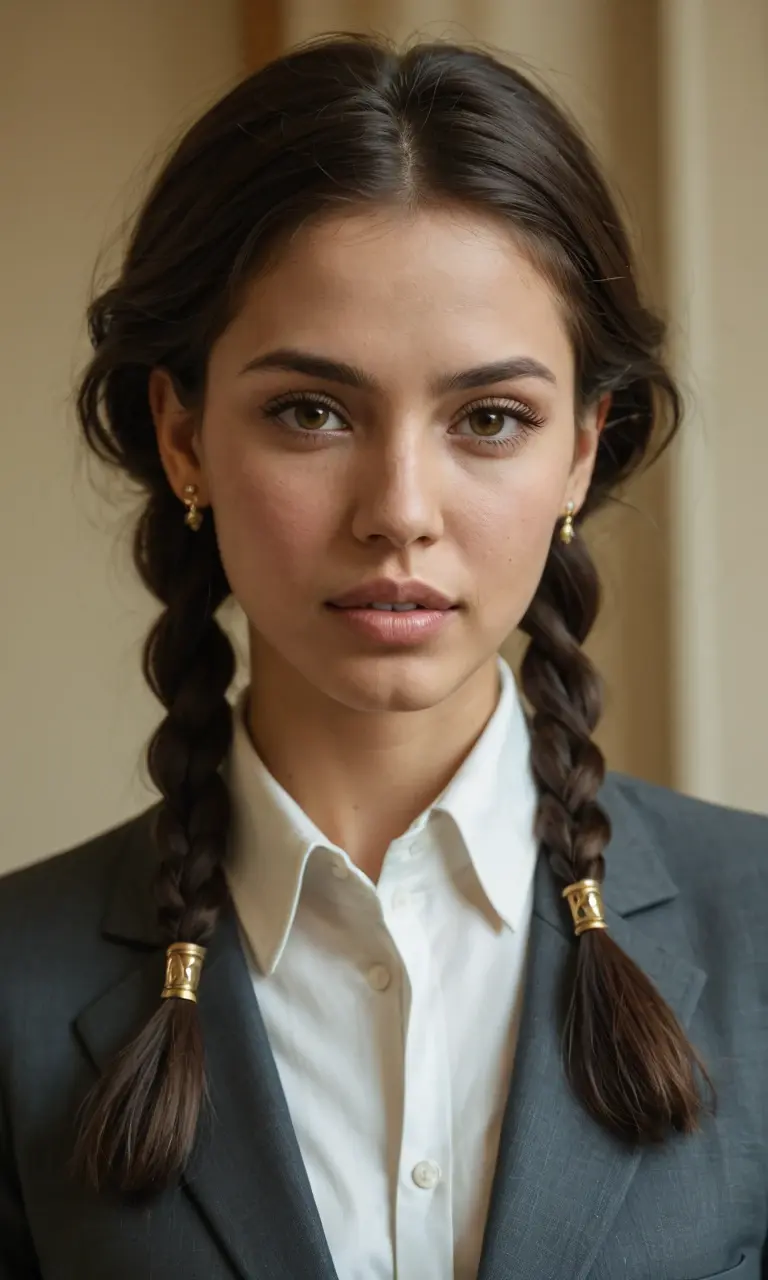 Half-up half-down, Moroccan, Algerian, Tunisian: Mesmerizing eyes, full lips, and a slender yet sensual build. A captivating North African beauty often boasts a radiant, olive-toned complexion, high cheekbones, and long, dark hair often styled in intricate braids., Business suit