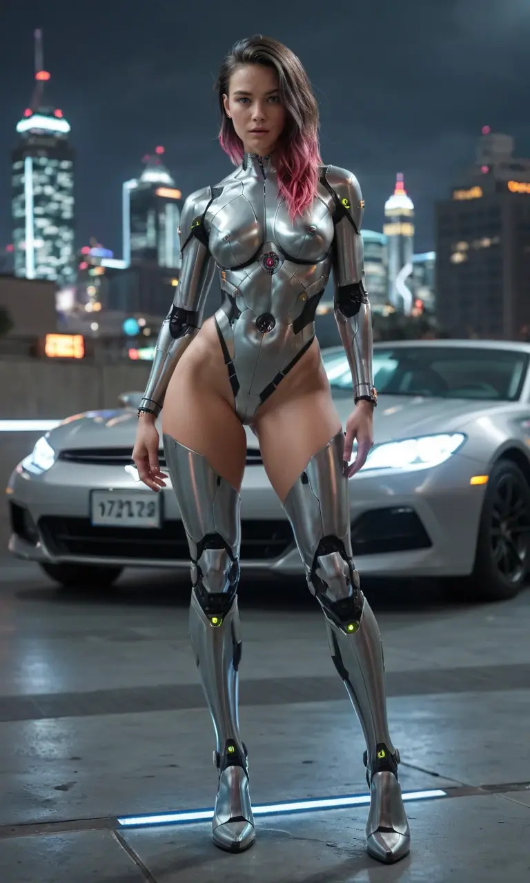 a stunning female cyborg with sleek, metallic features blending seamlessly into her flawless, pale skin. her piercing green eyes radiate a mix of danger and allure, hacking into anyone's defenses with just a glance. her long, dark hair flows alongside polished metal strands, highlighting her unique fusion of human and machine. intricate glowing circuits trace her curves, emphasizing her seductive yet deadly presence. one mechanical arm is adorned with sharpened blades, while her other limb remains soft and tender—both equally capable of love or destruction. she stands confidently amidst a futuristic cityscape, embodying the perfect embodiment of technology and humanity colliding in the most captivating way. high-resolution close-ups showcasing her intricate design, soft shadows and highlights, and a captivating gaze that holds you hostage in its depths.

full body, bodysuit, thong, exposed legs 