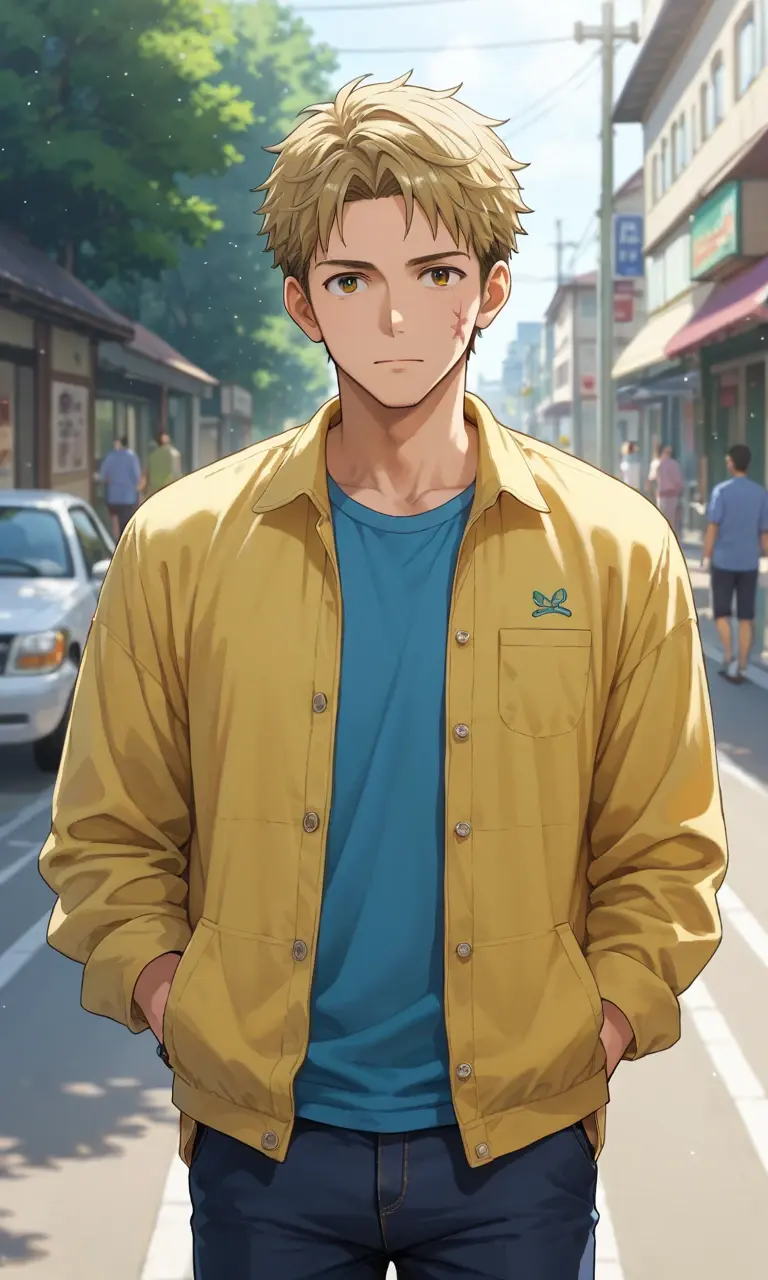 1man standing outside, bookeh, looking at viewer, casual style