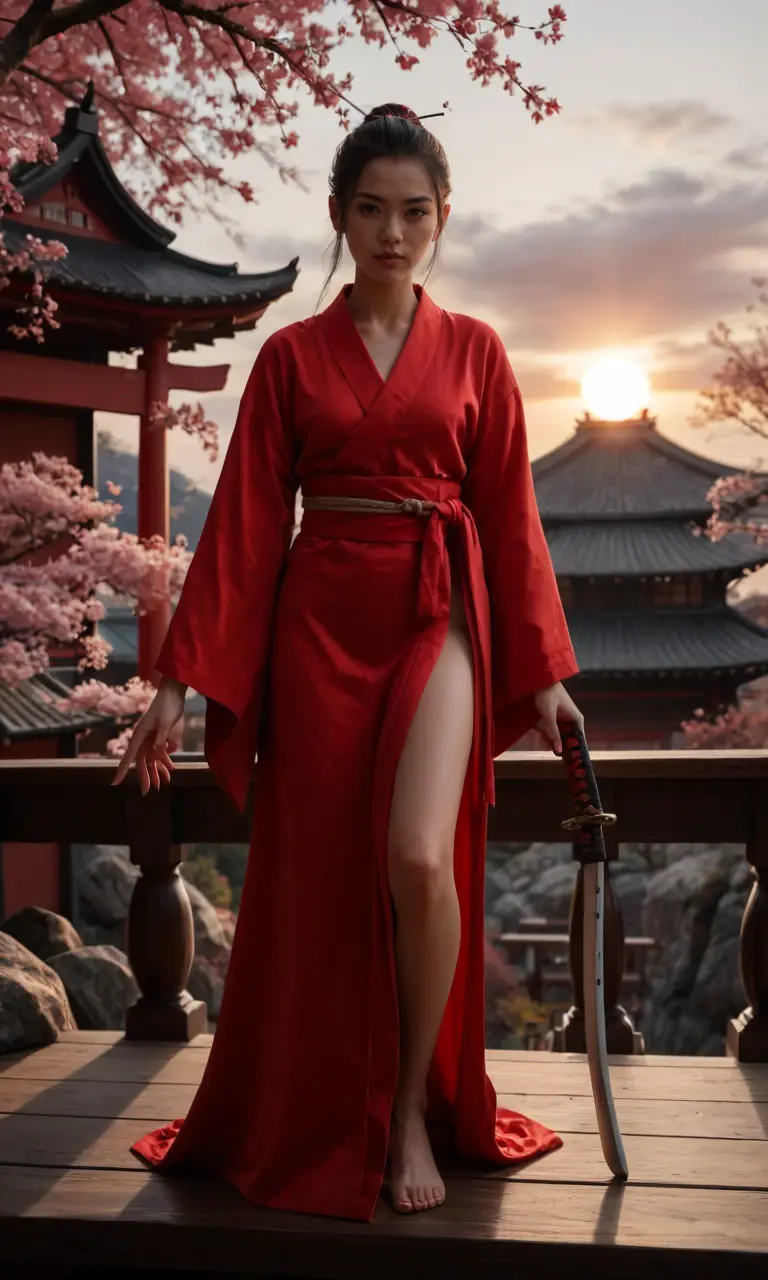 Samurai warrior woman, sexy outfit, lingerie, showing skin, long flowing black hair, holding a katana in one hand, standing atop a rocky cliff at sunrise, red silk robe billowing in wind, red robe revealing toned legs, red robes strategically tucked under arm to hold katana, red silk tied intricately around waist and left shoulder, red silk robe open slightly to reveal toned stomach, red robe featuring intricate Japanese embroidery, red robe glistening in morning sun, determined look on face, full red lips, sexy yet fierce expression, background featuring misty mountain range at dawn, ultra-realistic, highly detailed, dramatic lighting, warm color palette, 4k resolution, professional photography, cinematic composition, Japanese scenery, katana sword, cherry blossom trees, serene atmosphere, epic fantasy scene