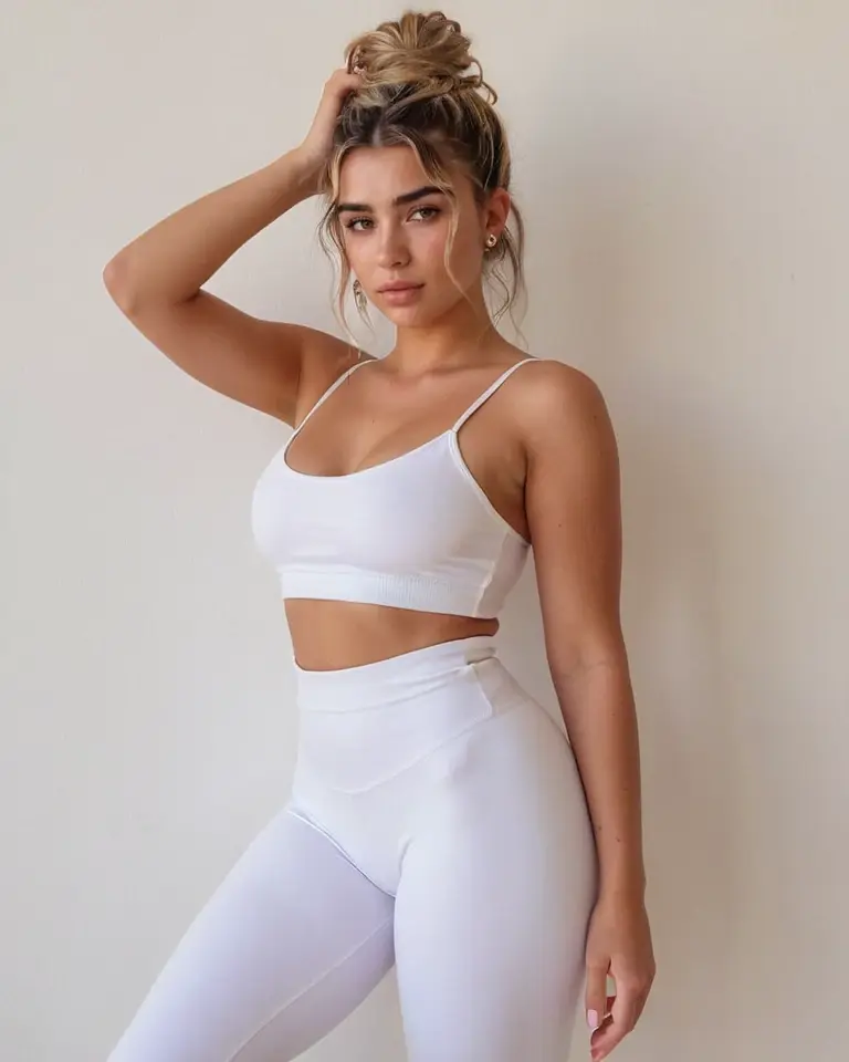 full body shoot of a mid twenties girl, approximately 25 years old, high waist, long wavy brown hair in a tangled bun on top of her head, small nose stud, blonde with dark roots, looking straight at camera, small waist pawg, sexy yoga outfit

plain background