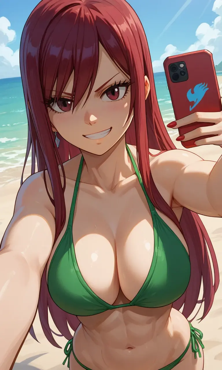Erza Scarlet from Fairy tail, black and green bikini, thicc body, mischievous smile, selfie with phone