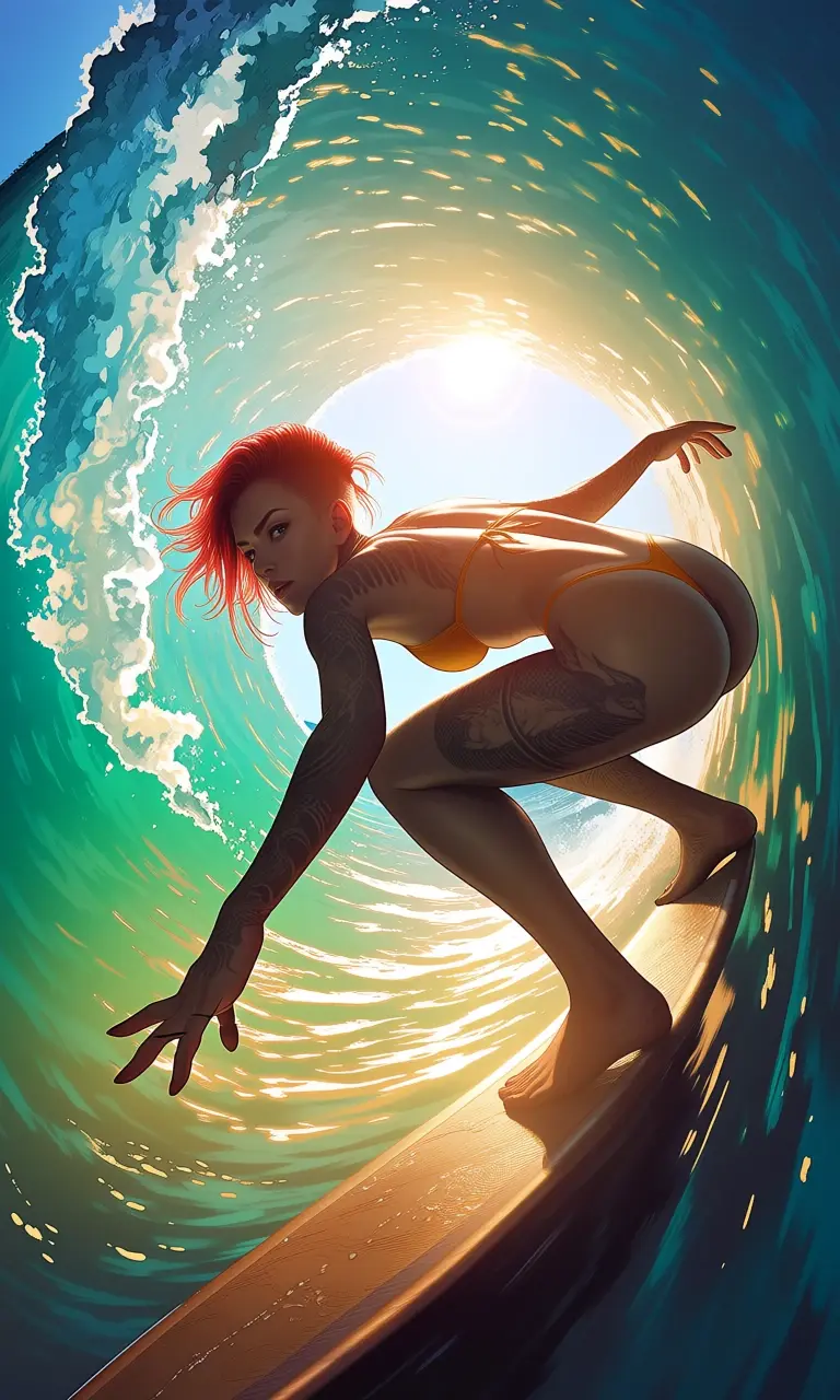 A curvy young red head Plump, gorgeous beauty, appearing to be in her early twenties, big butt, dragon tattoos on her back, surfs inside a dramatic ocean barrel wave. She wears a yellow Bikini with Thong, she has full tattoos body. Her short shaved side red head hair is wet and pulled back, with strands loosely framing her determined face, and her expression is focused and intense. She has a big Brest, She is crouched low on her surfboard, a long, dark, narrow board, with her body angled to ride the curve of the wave. Her left arm is extended for balance, fingers splayed, while her right hand is closer to her body. The interior of the wave forms a tunnel of translucent, aquamarine water, with warm sun set light streaming through the crest, creating a luminous effect and casting a bright, ethereal glow. The water is a deep, dark blue on the right side, contrasting with the illuminated spray and foam. The perspective is from within the wave, looking out towards the surfer and the bright sky beyond the break. The overall mood is one of exhilaration, power, and raw natural beauty, captured with cinematic lighting and a dramatic, wide-angle lens effect. --ar 2:3 --q 2 --s 750