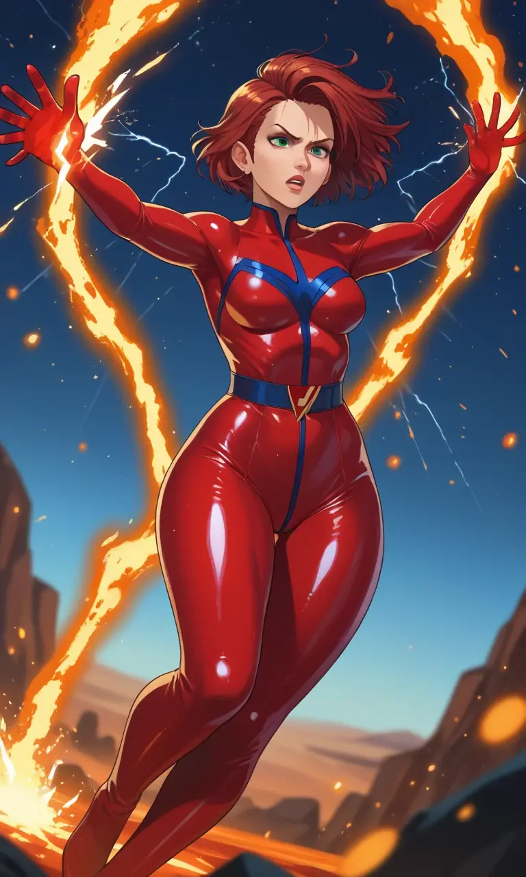A tall slender but sporty woman, transparent latex costume, superhero costume, flying above lava field, lightning strikes in the backround, wide hips, young, red details, marvel studios, full body view, pawg, fire comming from hands, no underwear, blazing red hair, sparkles, particles of dust in air, fire in backround