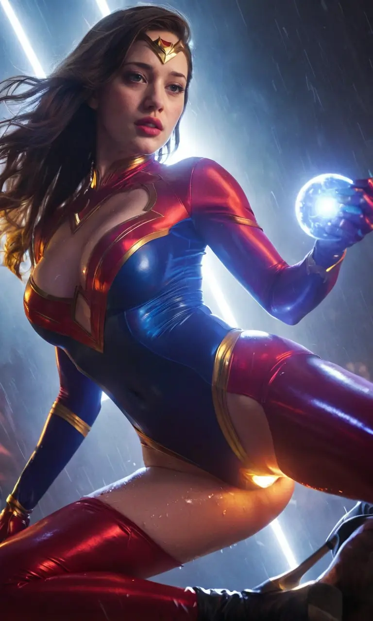 close-up portrait of a hot superheroine in a tight-fitting bodysuit, high heels, holding a glowing power orb. cleavage visible. sultry, seductive look. long flowing hair. dramatic lighting from the background. highly detailed skin, muscles, and facial features. high-definition rendering. 4k, 8k resolution.  revealing costume cutouts. tight booty. superhero powers. action-packed pose. imaginative comic book or anime style. vibrant colors. dynamic composition. motion blur. atmospheric background. stylized portrait. comic book cover illustration. digital art masterpiece. volumetric lighting. lens flare. weather effects. photorealistic. top-notch graphics. photo quality digital art. spectacular visual. intricate details. intriguing background. unique character design. dazzling costume. sensual body language. attractive  strong jawline. perfect skin. soft hair. shiny costume. silky smooth legs. pointy shoes. vibrant makeup. glowing symbols. costume tears. wet lip gloss.